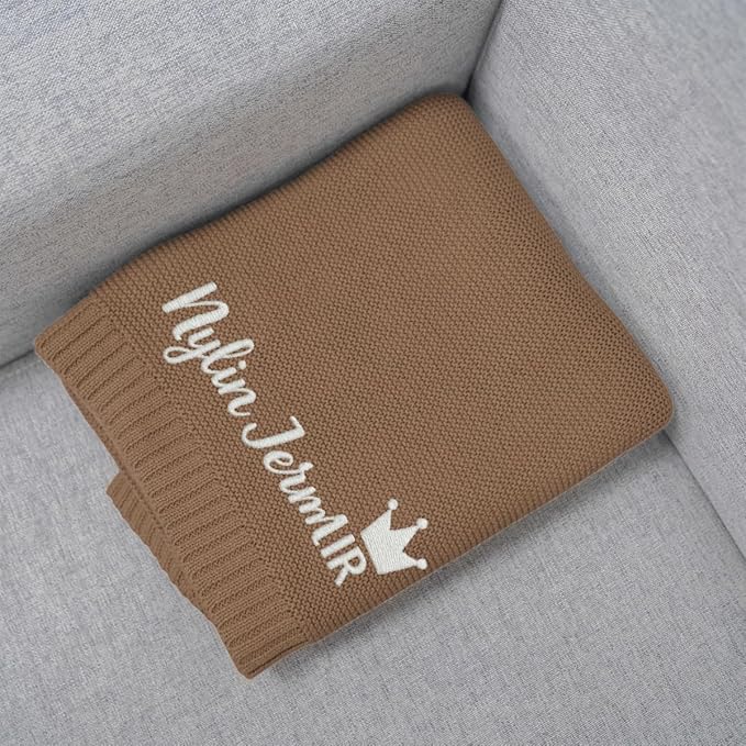 Luxury Personalized Name Knitted Baby Blanket - Embroidered, Soft Breathable Cotton Knit for Newborns - Valentine's Gift for New Moms Baby Boy Girl Birthday Christmas