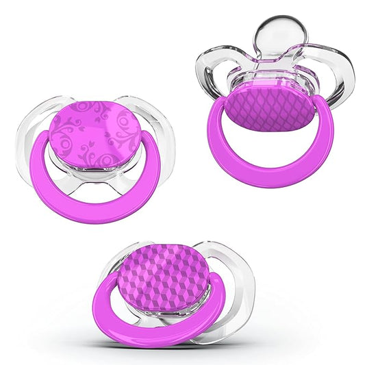 Smilo Baby Pacifier with Orthodontic Design for Healthy Dental Development - Stage 1 for Babies 0-3 Months - Pack of 3X 100% Silicone Newborn Pacifiers BPA Free - Plum Purple