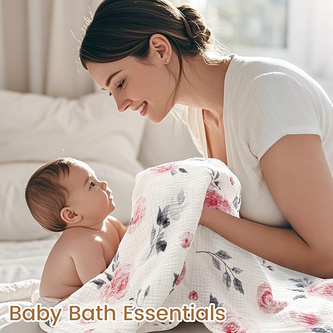 david's kids 2 Pack Hooded Baby Towels, Large 32"x32", 6 Layer 100% Muslin Cotton Absorbent Girl Bath Towel for Newborn, Infant and Toddler. Soft and Breathable Baby Essentials, Pink Floral&Rose