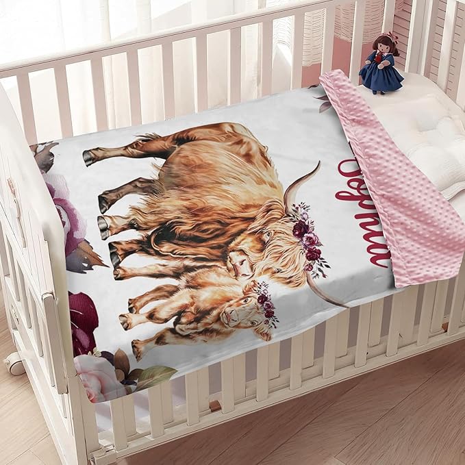 Personalized Baby Blanket, Custom Baby Blankets with Name for Girls Boys, Flannel Double Layer Dotted Backing Receiving Swaddle Blanket, Highland Cow Toddlers Infants Customized Gifts(60"x80")
