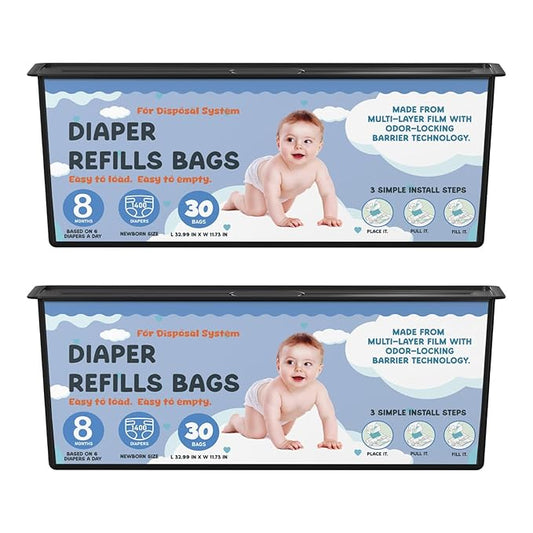 Diaper Pail Refills Bags with 30 Bags Compatible with Genie Easy Roll Signature Diaper Pails and Platinum Diaper Pails, Lasts Up to 8 Months, 7-Layer Odor-Barrier Technology, 2 Packs (60 Bags)