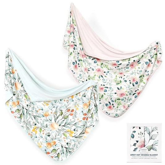 GRSSDER Baby Blankets Super Soft Stretchy Jersey Swaddle Blanket 2 Pack for Baby Girls, Double Layer Reversible Receiving Blankets 34 x 44, Extra Large for Swaddling, Pink Rose & Fruit