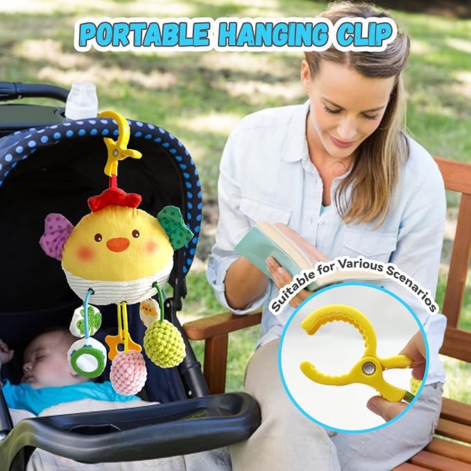 Baby Toys for 3 6 9 12 Months, Bassinet Toys for Infant & Toddlers, Crib Stroller Hanging Doll for Stimulating Baby’s Senses and Developing Motor Skills (Chick)