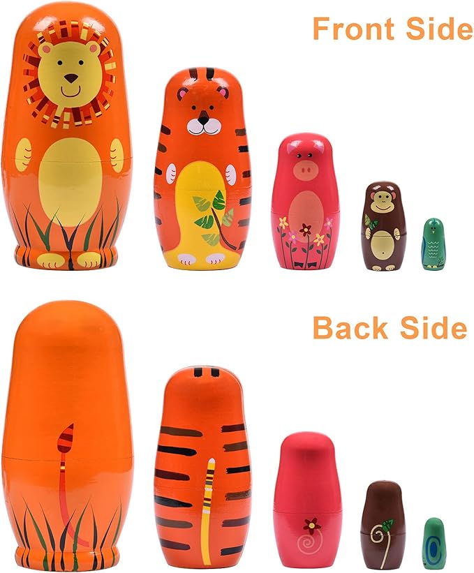 Russian Nesting Dolls, 5 Pcs 6 "Tall Animal Nesting Easter Eggs Toys, Stacking Wooden Handmade Matryoshka Dolls for Kids Toddlers Birthday or Home Decoration Gift (Round Lion)