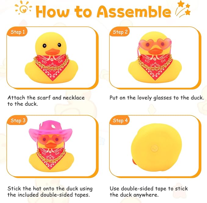 Quackly Pink Cowboy Rubber Duck, Car Dashboard Decoration Ducks with Cowboy Hat Necklace Sunglasses, Pink White