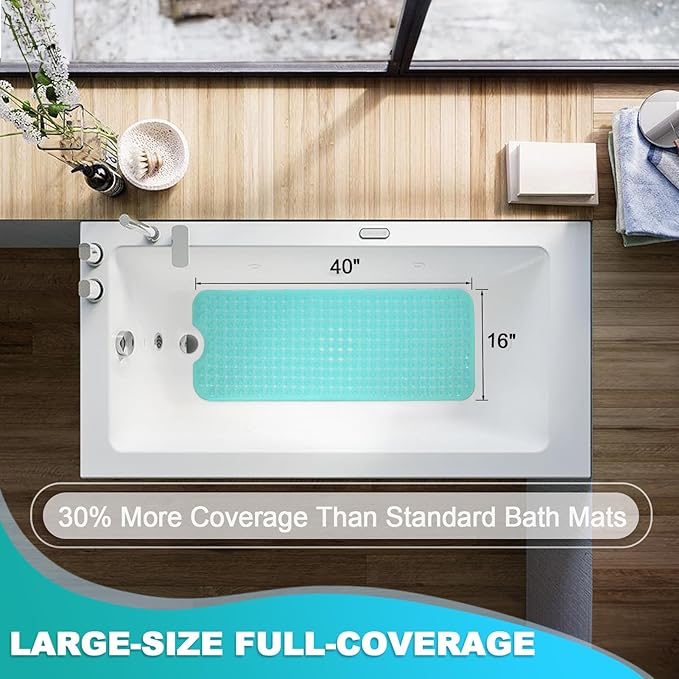 Linoows Bathtub and Shower Mats, 40x16 Inch Extra Large Non Slip Soft Bath Tub Mat with Suction Cups and Drain Holes for Bathroom Floor and Keep Tubs Clean, Machine Washable, Clear Turquoise