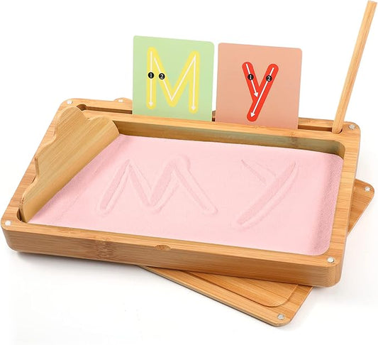 Montessori Sand Tray with Lid - Wooden Sand Trays for Kids Writing Letters and Numbers, Preschool Classroom Must Haves, Kindergarten Learning Tools (Pink)
