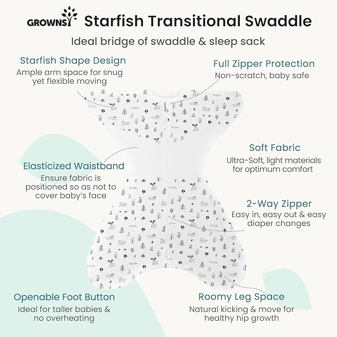 GROWNSY Transitional Swaddle Sleep Sack 6-12 Months, Starfish Design Baby Swaddle Sack, Dual-Zipper for Easy Diaper Changes, Proper Hip Development & Openable Foot Button, 19-27 lbs, Munchkin Forest