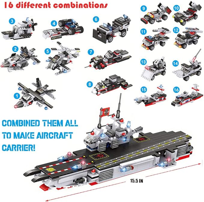 Liberty Imports 825pc Military Aircraft Carrier Fleet Construction Bricks Toy - 8-in-1 Naval Battleship Models with Navy Vehicles, Jets & More - Compatible with Major Brands - Storage Case Included