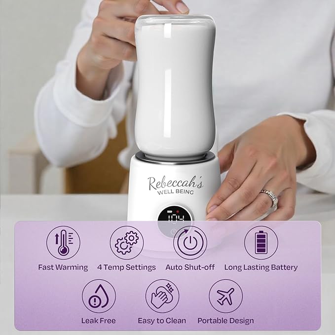 Portable Bottle Warmer for Travel with built in Nightlight, Fast 4 Heat Settings, Lightweight, Leak-Proof Design & Safe Rechargeable Baby Bottle Warmer for Breastmilk Formula or Water, Travel-Friendly