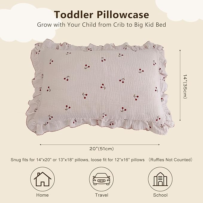 BuLuTu Cotton Muslin Kids Toddler Pillowcase Cherry Pattern, Soft Travel Pillow Ruffle Edge Nursery Pillow Case for Boys Girls, Bedding Decor, Durable Pillowcases 14"x20", 1 Piece