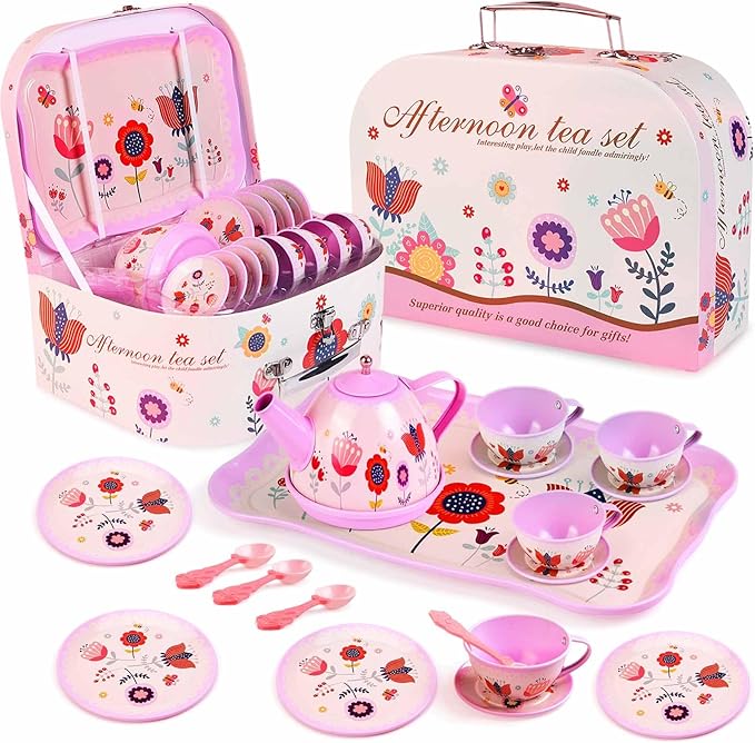 Pretend Play Tea Set for Little Girls, Gift for Age 3-8, Flower Themed, 19 PCS