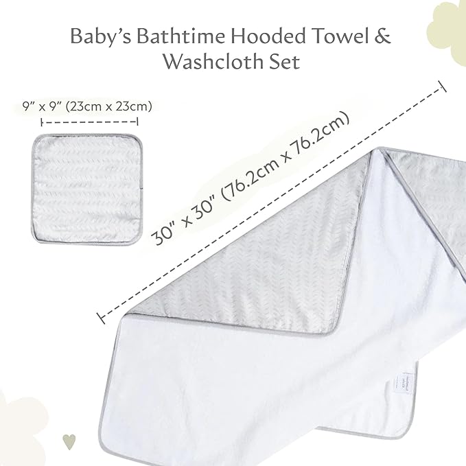 Bamboo Viscose Baby Hooded Towel & Washcloth Set for Babies and Toddlers, Soft & Absorbent, 70% Viscose from Bamboo, 30% Cotton Muslin - Imported (Light Grey)