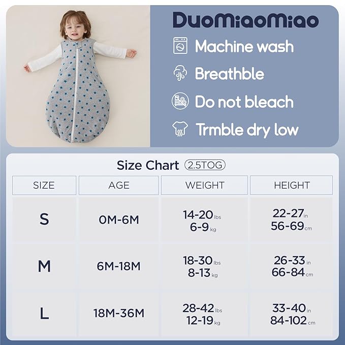 Duomiaomiao 2.5 TOG Baby Sleep Sack 100% Cotton Winter Baby Wearable Blanket, Warm Quilted Comfy Toddler Sleeping Sack