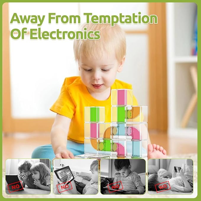 36 PCS Stacking Blocks – 1.6 Inch Transparent Building Cubes with Learning Cards, Pipe Tube for Marble Run, STEM Educational Toy for Kids 3+, Sensory Gift for Boys & Girls