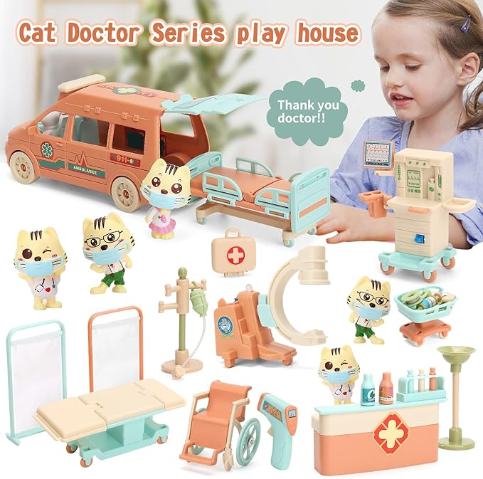 Cat Dolls Doctor Pet Pretend Play Toys, Figures Playset Toy, Hospital and Ambulance Toy with Lights and Sound, Educational Toys, Gift for Kids Toddlers Boys and Girls