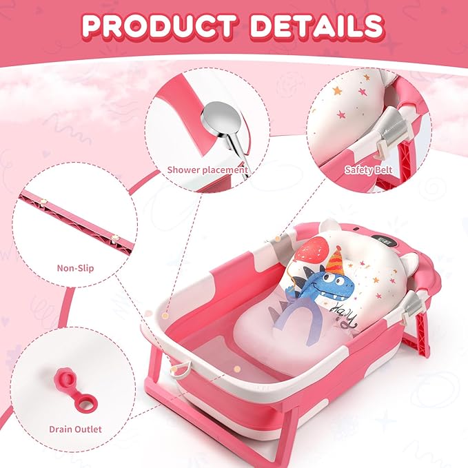 Baby Bathtub,Collapsible Baby Bath Tub with Thermometer & Soft Floating Cushion,Portable Travel Baby Bathtubs for Newborns to Toddlers 0-36 Months(Bear Pink)