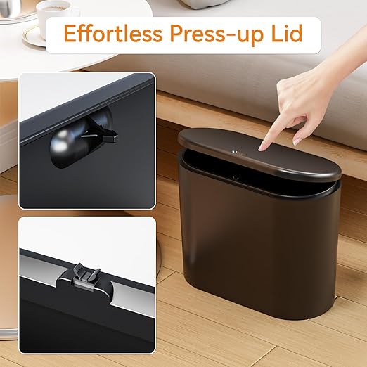 Yieach 12L Black Slim Bathroom Trash Can With Lid 3.17 Gallon,Skinny Small Kitchen Garbage Can and Pet/Dog Proof Trashcans for Office,RV,Bedroom and Dorm,Plastic Covered Trash Can and Wastebasket,1PCS