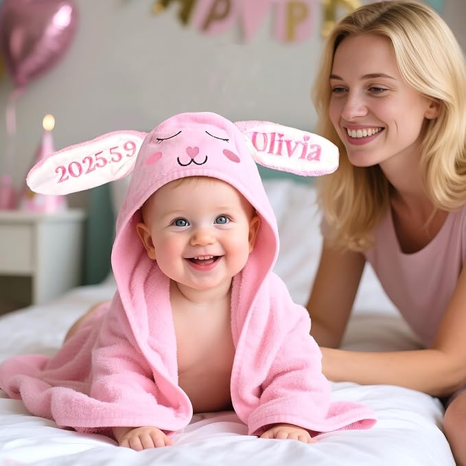 Custom Hooded Baby Towel with Name, Personalized Soft Absorbent Bunny Bath Towel, Shower Towels for Girls Boys, Easter Brithday for Baby, Toddler, Newborn Essential