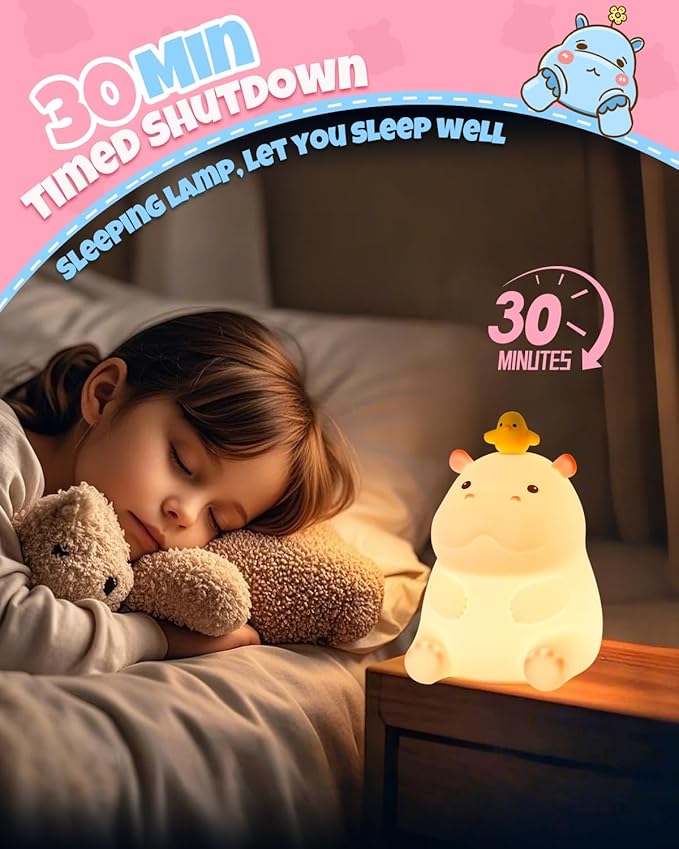 Cute Hippo Night Light, Animal Lamp, Food Grade Silicone, Rechargeable, 2 Level Dimmable, Squishy Nursery Nightlight for Desk Decor, Funny Gifts Stuff for Boys Girls Baby, White Elephant Gifts