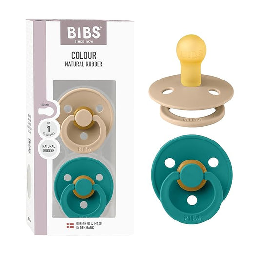 BIBS Colour Pacifier 2-Pack, BPA Free Binky Pacifier, Round Nipple. Natural Rubber Latex, Made in Denmark, Size 1 (0-6 Months), Taupe/Scuba