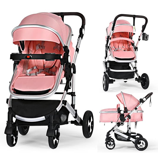 Kinder King 3 in 1 Reversible Baby Stroller w/Detachable Tray, Convert to Newborn Pram, Folding Infant Carriage for Toddler, Adjustable Canopy & Handle, Aluminum Alloy, Suspension Wheels