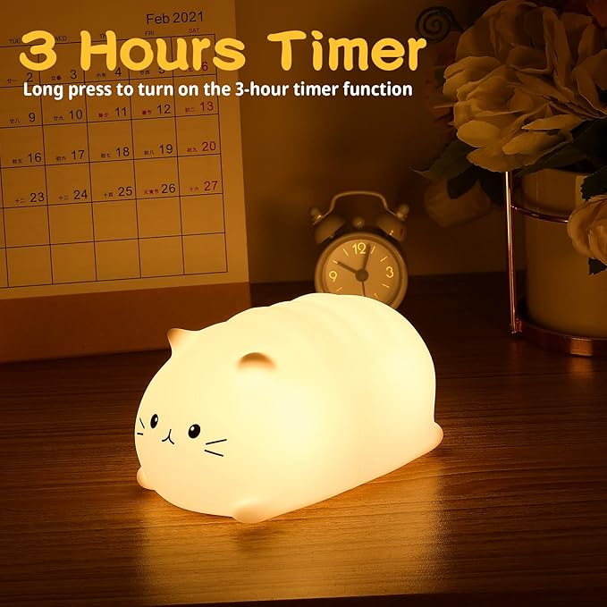 Tremdwoto Cat Night Light for Kids,Cute Colorful Night Light Baby Girl Squishy Night Lights Lamp 3 Hour Timer Kitty Light USB Rechargeable Nursery Lamp Nightlight ，Gifts for Boys and Girls