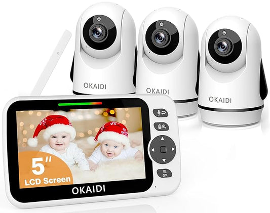 OKAIDI Video Baby Monitor with 3 Cameras, 5" Display Baby Monitor No WiFi, 30H Battery and 1000ft Range, 2-Way Talk, 8 Lullabies, Remote Pan-Tilt-Zoom Baby Camera for Baby/Pet/Elderly