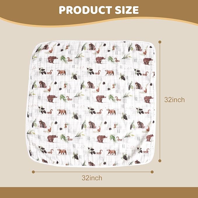 david's kids 2 Pack Hooded Baby Towels, 100% Muslin Cotton 6-Layer Ultra Soft Breathable Absorbent Baby Bath Towels for Infant and Toddler, Newborn Essentials, Large 32x32Inch, Woodland Animals