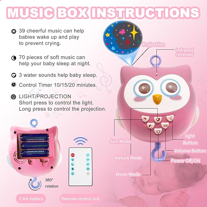 YUNGCHI Baby Crib Mobile with Music and Lights for Boys Musical Mobile Safari Animals for Girl Crib Bassinet Toys Hanging Portable Baby Mobile for Pack and Play Pink