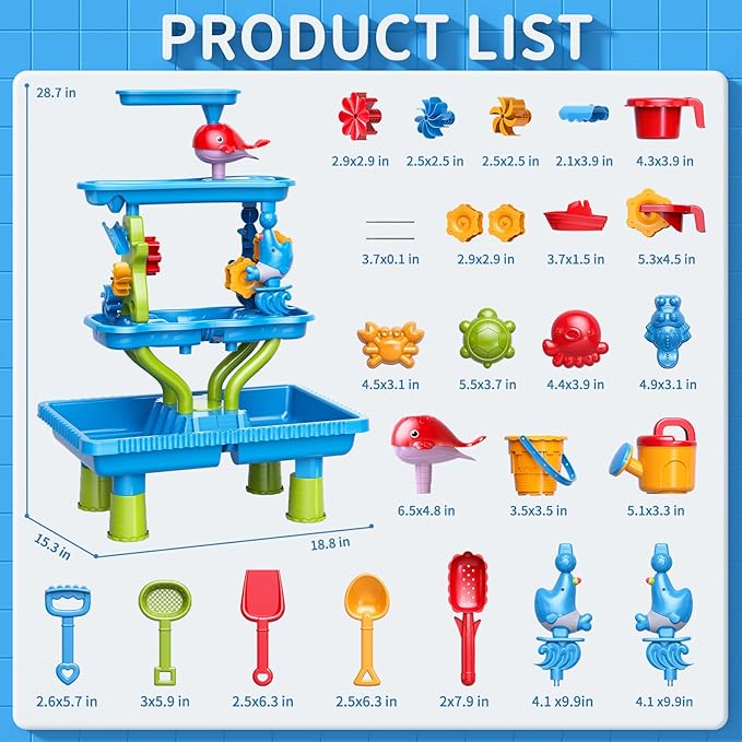 4-Tier Sand and Water Table for Kids, Outdoor Splash and Play Activity Set for Boys and Girls Ages 3 4 5 6 7 8 Years, Summer Beach & Poolside Sensory Toys for Fun Water Play