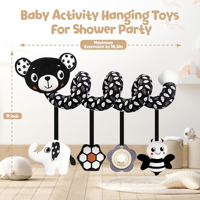 TSYAN Car Seat Toys for Babies 0-6 Months,Hanging Rattle Toys for Crib Mobile, Baby Spiral Hanging Stroller Black and White High Contrast Toys for Newborn 0 3 6 9 12 Months Baby Boys Girls (Bear)