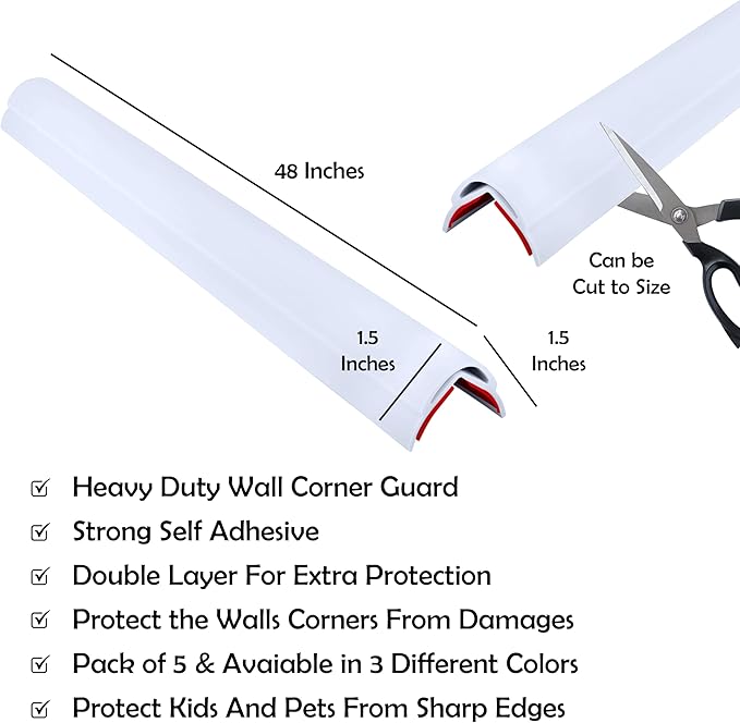 Rubber Bond Wall Corner Guard Edge Protector, 48 inch Heavy Duty Baby Proofing Corner Guards | Self-Adhesive Furniture Edge Strips for Home & Office (5, White)