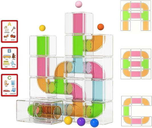 36 PCS Stacking Blocks – 1.6 Inch Transparent Building Cubes with Learning Cards, Pipe Tube for Marble Run, STEM Educational Toy for Kids 3+, Sensory Gift for Boys & Girls