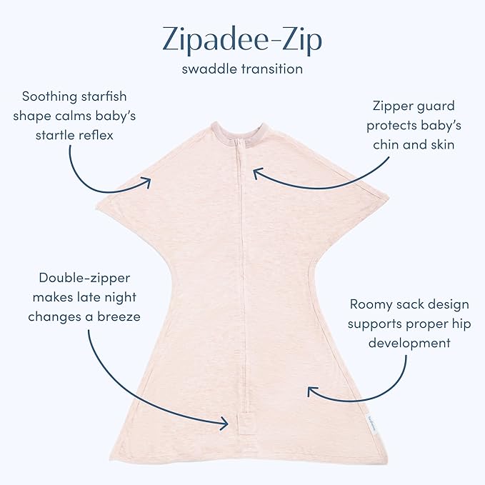 SleepingBaby Zipadee-Zip Transition Swaddle - Cozy Baby Swaddling Blanket with Zipper Convenience - Roomy Wearable Blanket for Easy Diaper Changes - 6-12 Month - Ballet Pink Heather