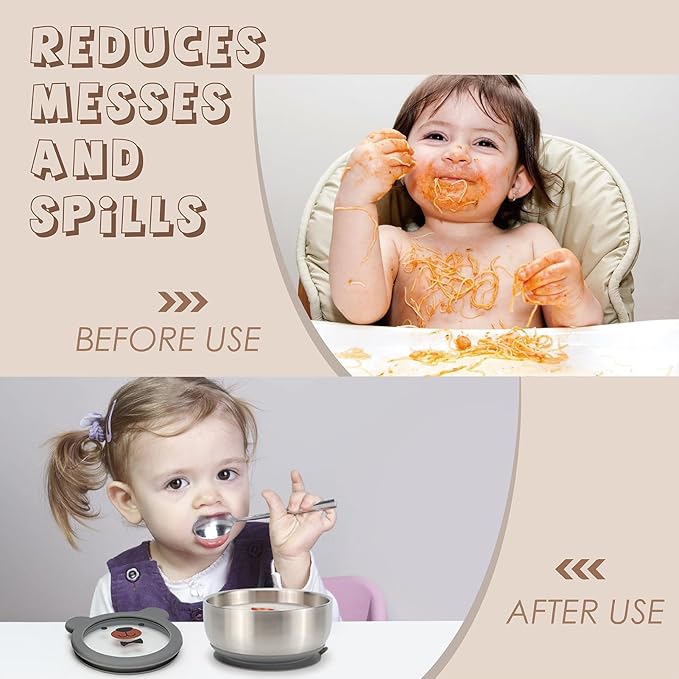 MR. CHOU Baby Bowls with Non-Slip Silicone Suction Cup, Insulated Double-Layer 304 Stainless Steel Toddler Bowls with BPA Free Airtight Lids, Food-Grade Silicone Safe for Kids (Gray)