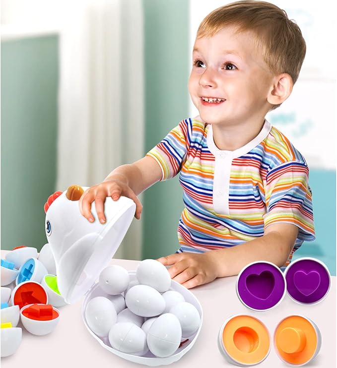Easter Matching Eggs Toddler Toy with Push & Pull Chicken Box, 12 Pcs Montessori Sorter Learning Educational Toy, Multiple Shapes and Colors Fine Motor Skills Sensory Toy, Gift for Boys Girls