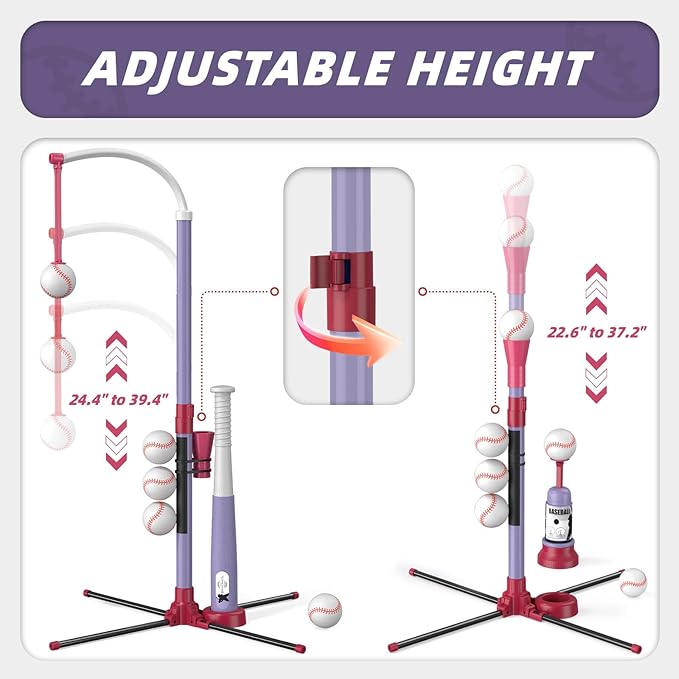 3-in-1 T Ball Set - Adjustable Height, Hanging Tee Ball Set with Automatic Pitching Machine/6 Balls/Retractable Bat, TBall Stand Suit for Outdoor, Sport Toys Gifts for Kids Girls Age 3+