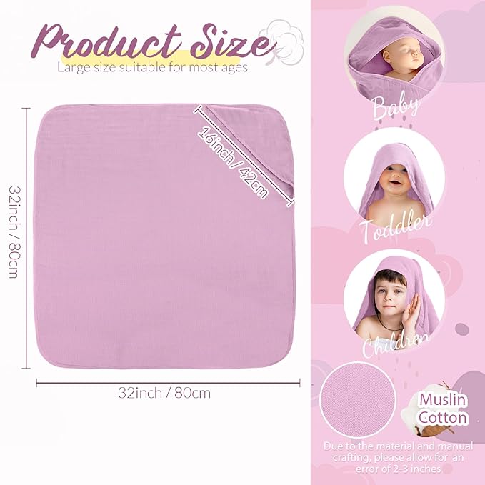 Preboun 6 Pcs Muslin Hooded Baby Towels and Washcloths 32"x 32" Cotton Newborn Bath Towel Anti-Shrink Infant Baby Blankets with Hood 12"x 12" Washcloths for Girl Boy Toddler(Light Pink,Purple)