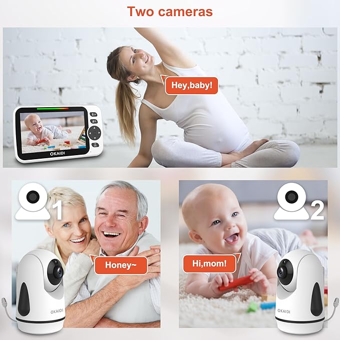 OKAIDI Video Baby Monitor with 2 Cameras, 5" Display Baby Monitor No WiFi, 30H Battery and 1000ft Range, Remote Pan-Tilt-Zoom Baby Camera, 2-Way Talk, 8 Lullabies, for Baby Pet Elderly