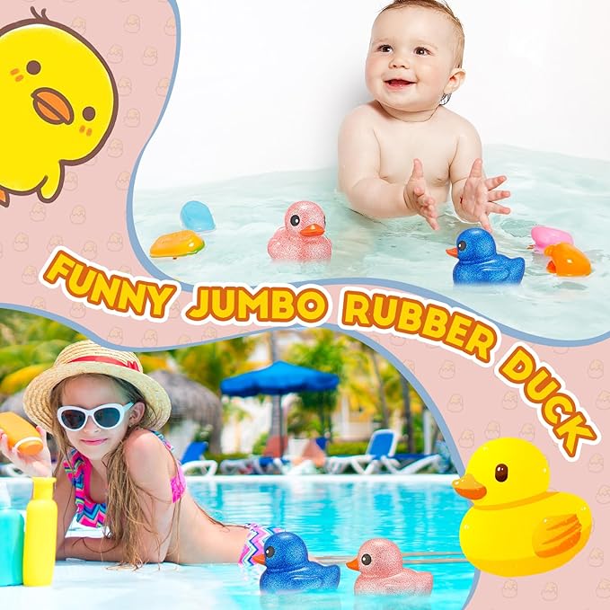 Honoson 2 Pcs 6.89 Inch Giant Glitter Rubber Ducks Big Sparkly Rubber Ducks Jumbo Bathtub Toys with Squeaky Sound for Baby Shower Pool Activity Birthday Gift(Glitter,Blue, Pink)