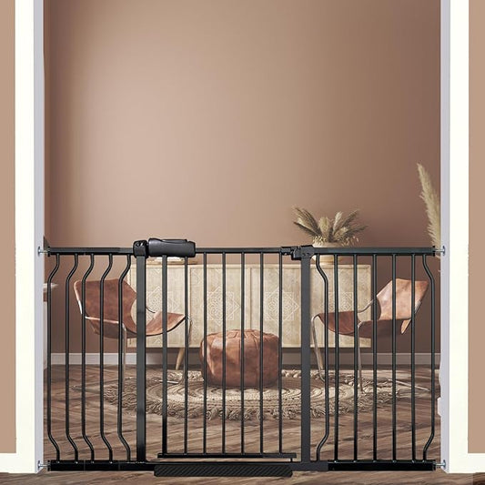53-57.5 Inch Extra Wide Baby Gate, Auto Close Pet Gate, Pressure Mounted No Drill for Wide Stairs & Doorways, Black Metal with Extension Kit