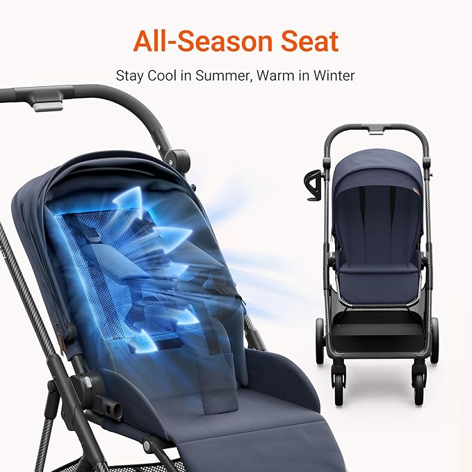 MAMAZING Air Lux Baby Stroller with Carbon Fiber Frame, One-Hand Fold & Reversible Seat, Magnetic 5-Pt Harness, Car Seat Adapter, 15.8lbs, Dark Navy