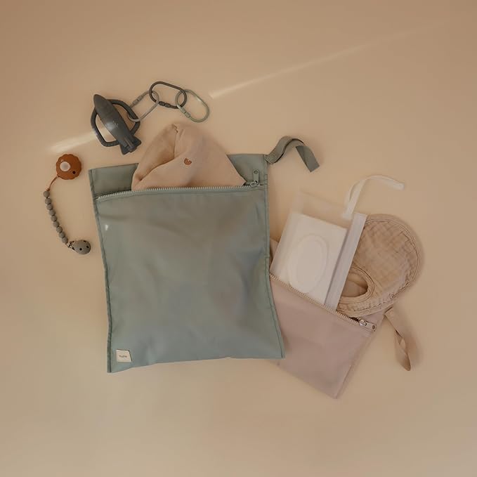 mushie Water Resistant Wet Bags | Large & Small Reusable Storage Bag for Baby Items and Travel | Zippered Pockets with Handle | Machine Washable, Set of 2 (Roman Green)