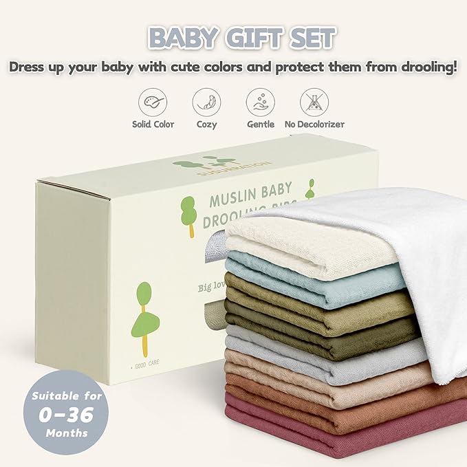 Susurration Muslin Baby Bibs 8 Pack Bandana Drool Bibs, Soft Square Adjustable Baby Drooling Bibs for Unisex Girls & Boys