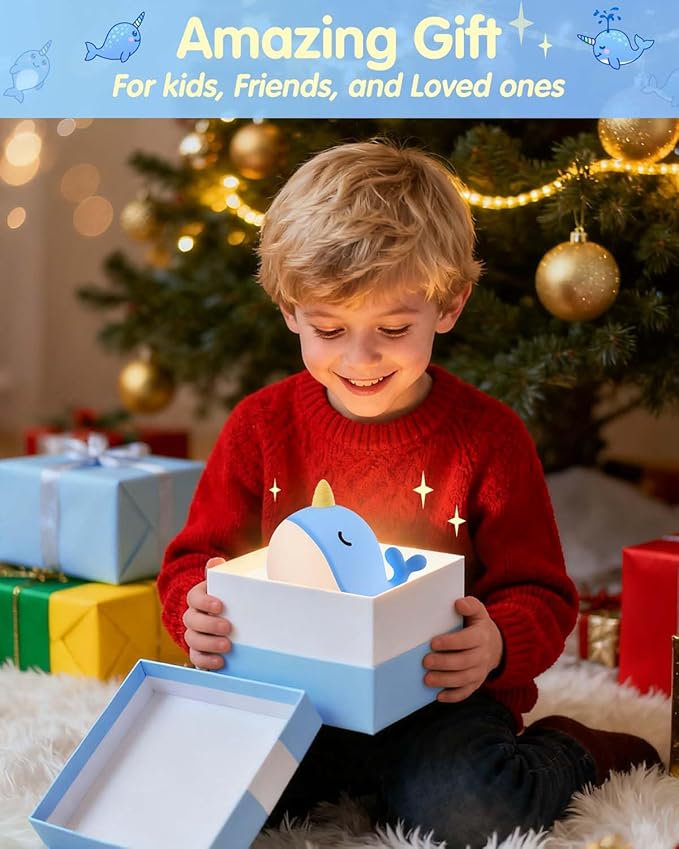 Fuloon Narwhal Night Light with Whale Shape, Squishy Silicone Kids Lamp, Safe & Soothing Touch Control for Kids and Babies, USB-C Rechargeable, 30-Min Auto Timer, Gift Idea (Blue)