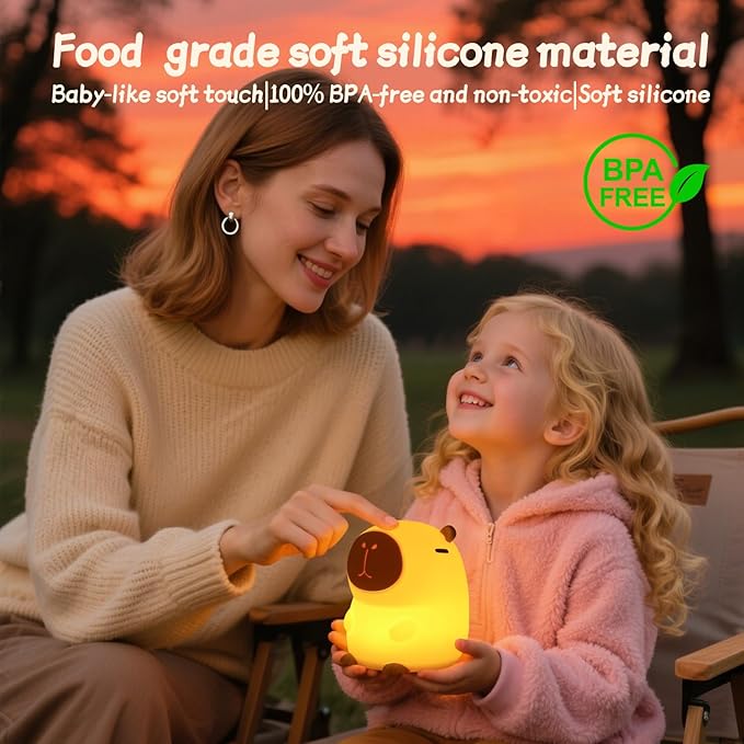 Capybara Night Light for Kids, Squishy Lamp, 1200mAh Long-Lasting Battery, Rechargeable Touch Control, Dimmable with 30-Min Timer, Capybara Gifts for Nursery Halloween Bedroom Decor