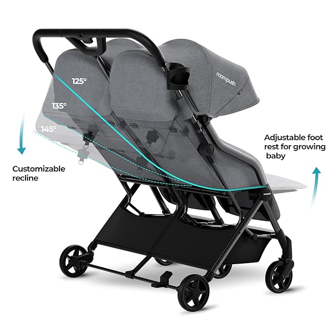 Mompush Lithe Double Stroller, Lightweight Side by Side Stroller for Newborn and Toddler, Easy Fold, Spacious Seats with Recline, UPF50+ Canopy