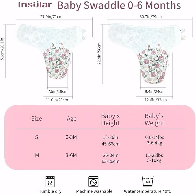 insular Baby Swaddle Wrap, Swaddle Blanket for Newborn and Infant, Adjustable Velcro Swaddling Set for Boy and Girl, Soft Cotton Baby Sleep Sack 3 Pack, Floral, Small(0-3 Month)