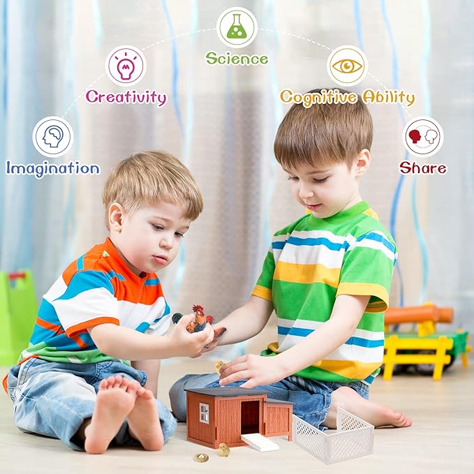 Skylety 9 Pieces Easter Chicken Figurine Chicken Model Playset Farm Action Figures Fences Around Building Blocks Farm Coop Set Birthday Party Present Animal Christmas Easter Gift